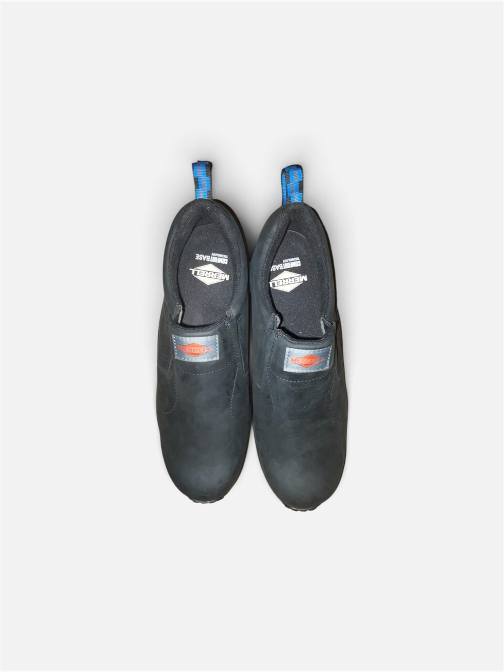 Merrel Black steel toe Work Loafers with Blue Heel Tabs